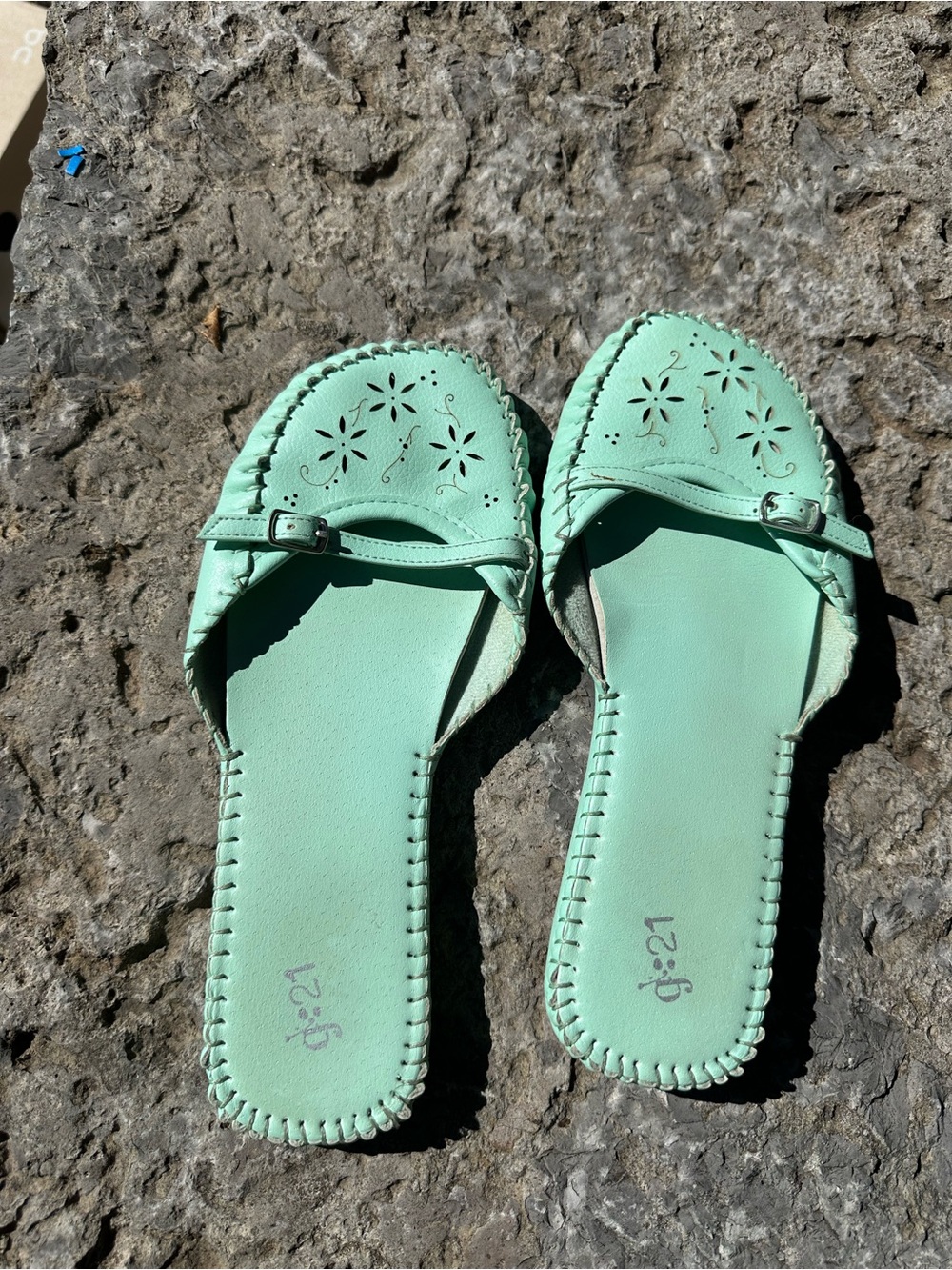 Women's Mint Green Leather Slide Sandals